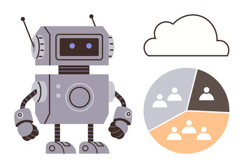 Robot standing next to cloud icon and segmented pie chart with silhouettes, highlighting teamwork, innovation, data sharing, and AI. Ideal for technology, analytics, collaboration, communication