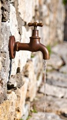 Rusty Bronze Faucet Dispensing Water Attached To A Weathered Stone Wall With Blurred Background