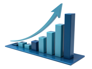 A blue bar graph showing an upward trend with an arrow pointing towards the top right corner created with generated ai