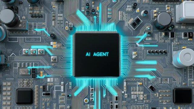 AI Agent assistance and workflow automation concept, Abstract circuit board with AI agent chip at the center.