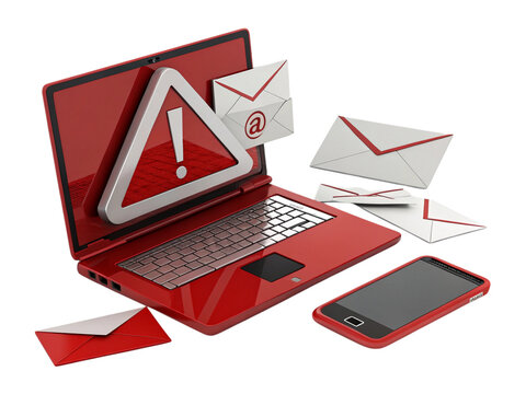 A red laptop with an alert symbol and several emails around it, next to a red smartphone on black created with generated ai