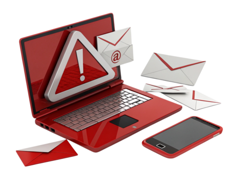 A red laptop with an alert symbol and several emails around it, next to a red smartphone on black created with generated ai