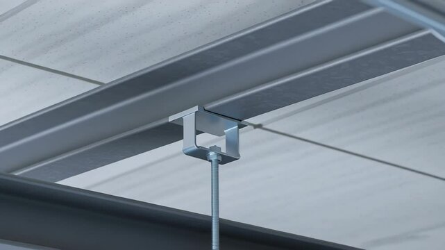 Metal ceiling support bracket with threaded rod for air duct installation industrial engineering environment and metal air duct suspended from