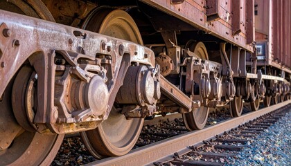 Rusty freight car wheel and axle detail showcasing aged metal on railway track under natural daylight