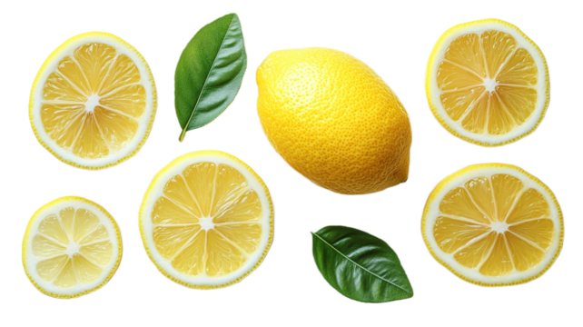 Freshly sliced lemons with leaves