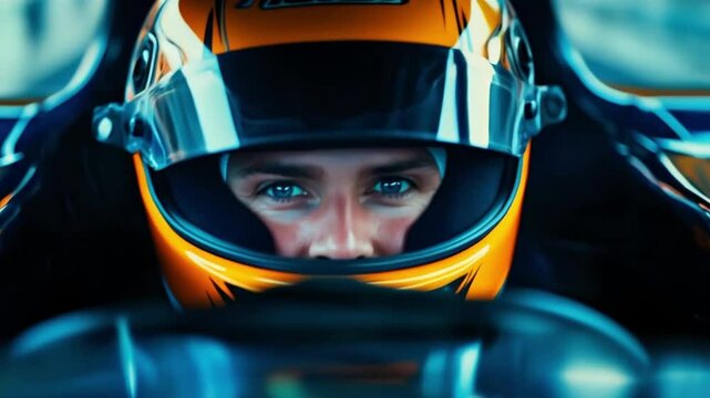 An intense close-up on a Formula 1 driver's eyes, inside the cockpit during a race. Front tracking shot. 4K.
