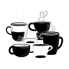 Group of coffee cups with steam rising.