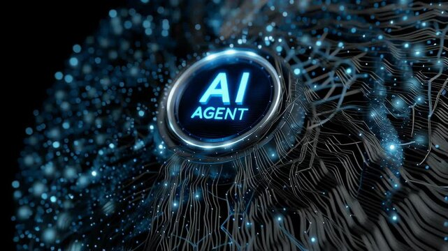 AI Agent assistance and workflow automation concept, Futuristic AI agent logo with vibrant digital effects.