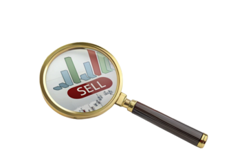 A magnifying glass focusing on a chart with the word sell displayed on a red oval shape created with generated ai