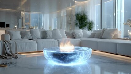 Modern Luxury Living Room Design Cinematic Blue-White Light & Clean Interior