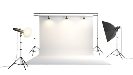 A photography studio setup featuring a white backdrop and lighting equipment on a black background created with generated ai