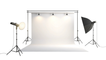 A photography studio setup featuring a white backdrop and lighting equipment on a black background created with generated ai