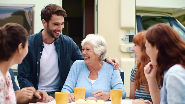 Joyful family gathering outside a caravan with laughter and shared moments