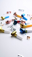 Scattered Party Blowers and Metallic Confetti on a Bright White Surface with Various Colors and Reflections