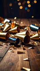 Scattered Party Horns And Confetti On A Rustic Wooden Table With Golden And Blue Hues
