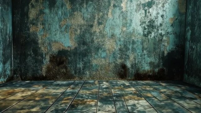 Abandoned room with peeling paint and stained floor, evoking a sense of decay and neglect