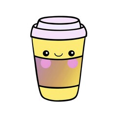 Cute cartoon coffee cup with a happy expression.