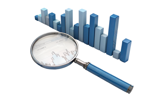 Magnifying glass over data analysis with blue bar graph on a black background for business review created with generated ai - Powered by Adobe