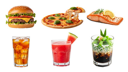 Assorted Food and Drinks Burger Pizza Salmon Iced Tea Watermelon Juice and Chendol.