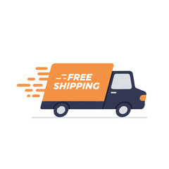 Illustration of orange delivery truck with motion lines and &ldquo;Free Shipping&rdquo; label. Flat style used for ecommerce shipping offers.