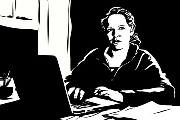 Woman working at a laptop in a dark room.