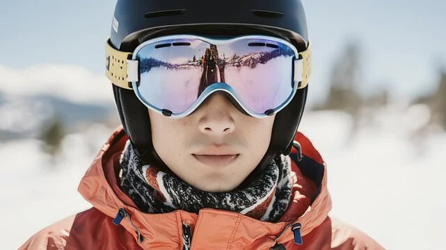 Man wearing ski goggles and helmet on snow mountain during winter