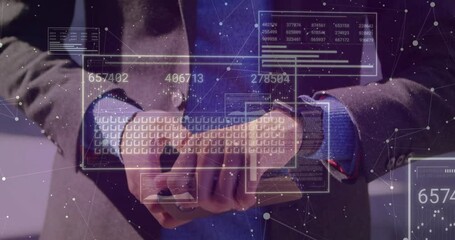 Man tapping smartwatch and swiping smartphone, activating holographic data panels in tech demo - Powered by Adobe