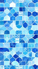 Seamless Mosaic Tile Pattern Featuring Varied Shades of Blue Geometric Designs and Textured Elements on White Background