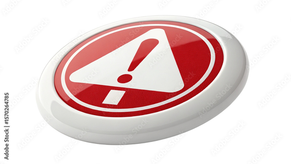 Poster a red and white warning button with an exclamation point on a black background in a close up shot cr