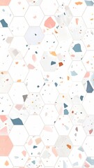 Seamless Terrazzo Pattern with Pastel Flecks on White Hexagonal Tiles