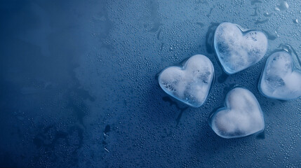 Frozen heart-shaped ice on a cold blue surface with condensation droplets. A symbolic image of love, chill, and emotional coolness. Perfect for romantic or seasonal themes.
