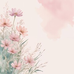 Watercolor painting of pink cosmos flowers and delicate grasses on a light background with pink accents