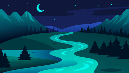 Serene Night Landscape Winding River Under Starlit Sky