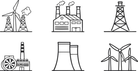 Diverse Collection of Industrial and Energy Generation Facilities - Hand-Drawn Line Art Vector Set