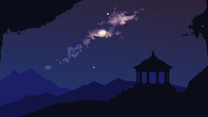 Fototapeta premium Serene Nightscape Moonlit Mountains and Tranquil Pavilion