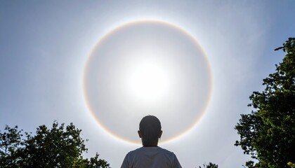 Silhouette of a Boy Admiring a Bright Solar Halo Displayed in the Sky with Surrounding Trees