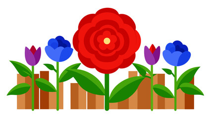 Vibrant Flower Garden Illustration Red Rose, Blue Flowers, and Tulips