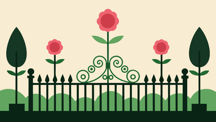 Charming Garden Gate Floral Design and Wrought Iron Fence Illustration