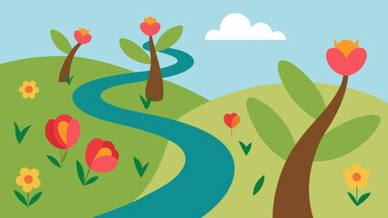 Serene Spring Landscape Winding River, Blooming Flowers, and Rolling Hills