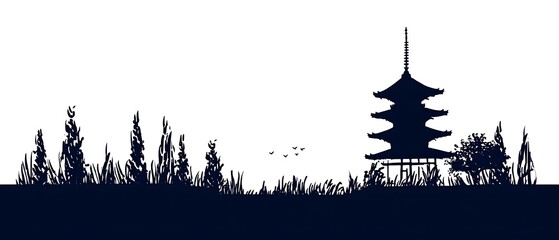 Silhouetted japanese temple and landscape