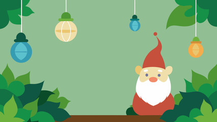 Enchanted Garden Gnome Whimsical Illustration of a Garden Gnome Among Hanging Lights and Lush Greenery