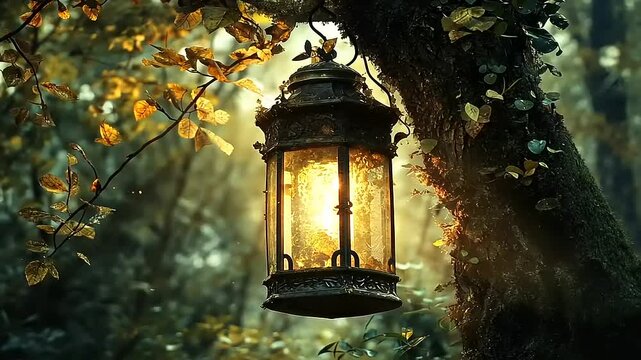 A vintage lantern hanging from a tree branch, illuminating a serene forest scene at dusk