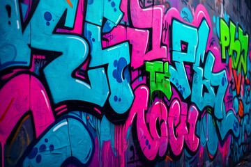 Naklejka premium Urban art on a weathered brick wall, some spray-painted words telling a story