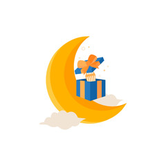 Obraz premium Ramadan Kareem Banner background islamic symbol with gift box, crescent moon and Gift Box Illustration. Suitable for invitation outdoor banner, poster and marketing.