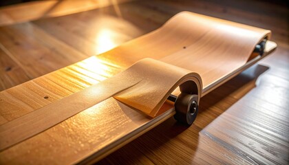 Skateboard Deck with Grip Tape and Wooden Surface under Overhead Lighting