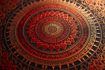 Naklejka premium Intricate Red and Gold Mandala: Ornate Circular Design, Spiritual and Mystical Vibe, High-Resolution Texture.