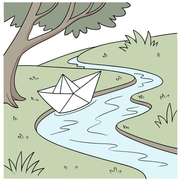 A paper boat floats down a winding river next to a tree and green grass on a bright sunny day scene