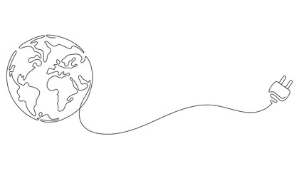 One line drawing of Earth with electric plug. Concept of renewable global energy and eco-friendly power. Minimalist vector illustration for sustainability, green energy, planet care.