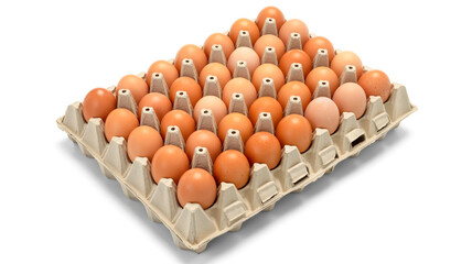 A high-quality product photograph of a cardboard egg carton containing 30 brown eggs arranged in a 6x5 grid.