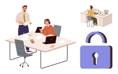 Team discussion over documents and laptops, remote worker at desk, privacy padlock icon. Ideal for teamwork, corporate work culture, data security, remote collaboration, productivity, privacy simple